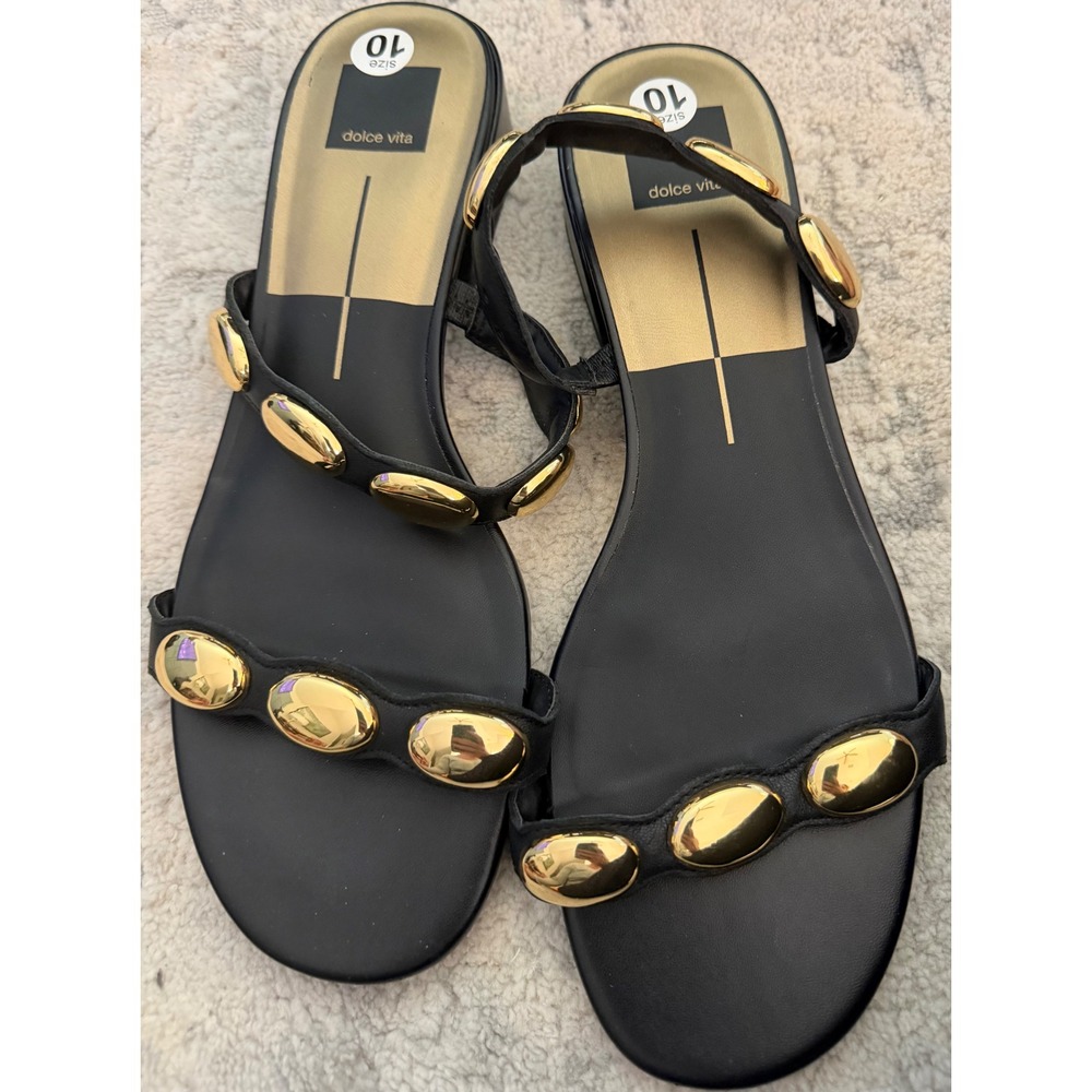 Dolce Vita Womens Black Leather Gold Studded Flat Sandals Size 10